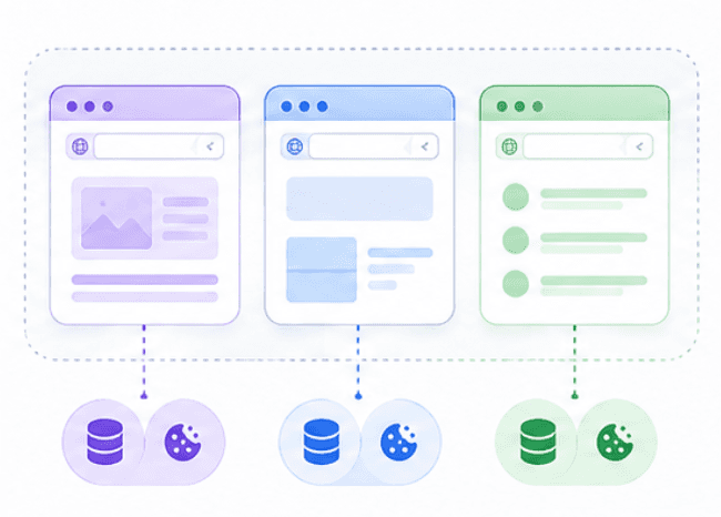 Three browser sessions, each with its own storage and cookies