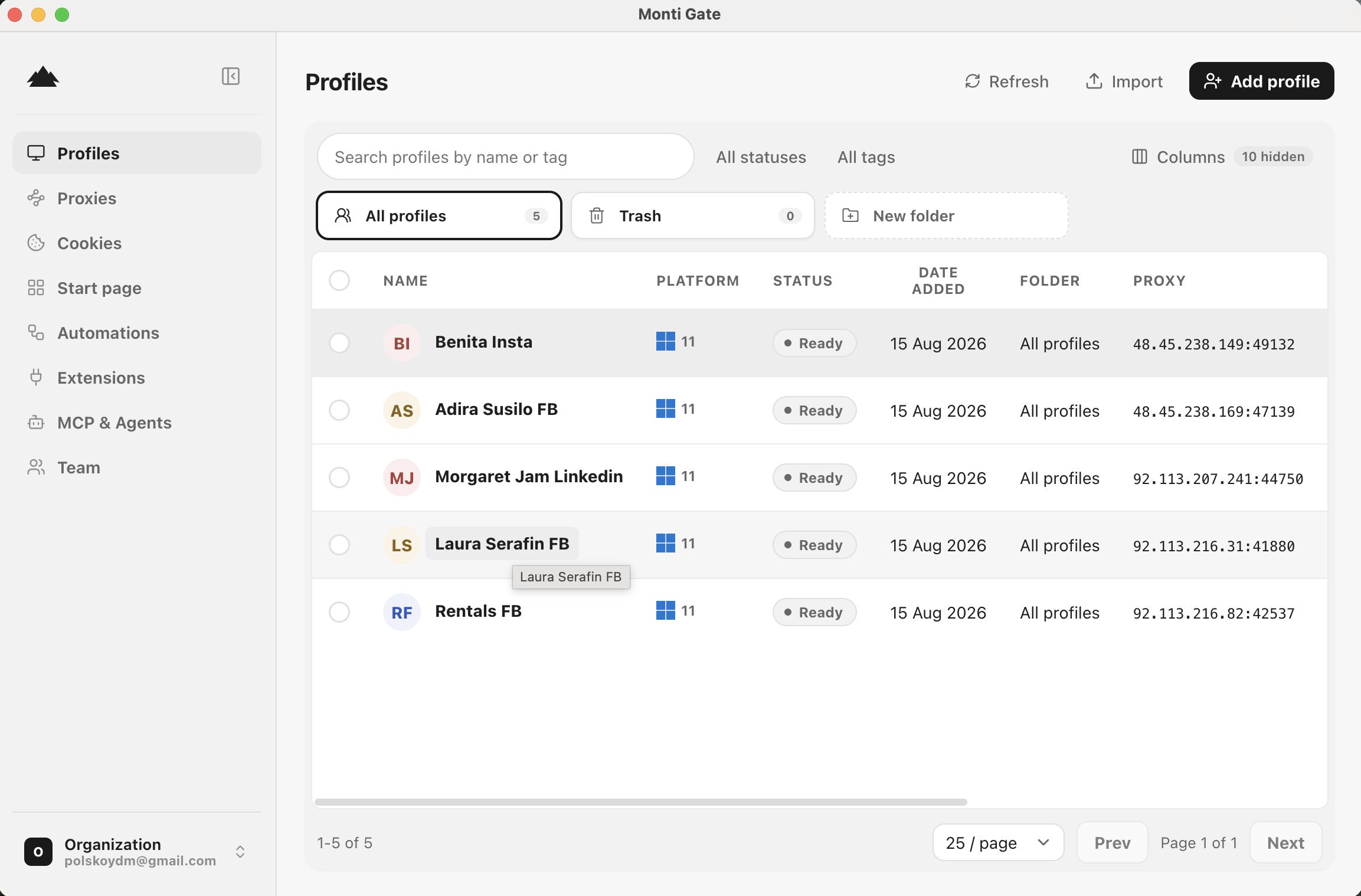 The Scout Web profiles table: browser sessions with statuses, network routes and folders